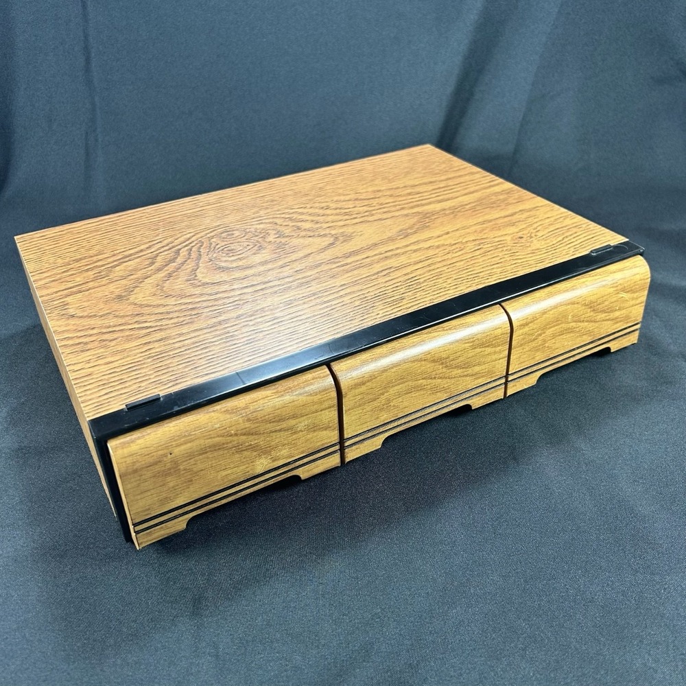 VTG 3 Drawer Cassette Case/Cabinet - Holds 42 Tapes - Stackable Faux Wood Finish